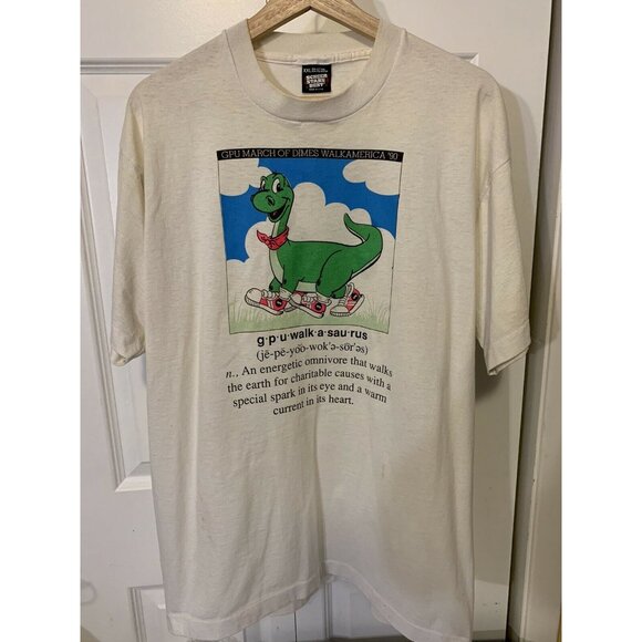 Vintage Walkasaurus T-shirt 1990 March‎ Of Dimes Sz XXL White Distressed - Picture 3 of 9